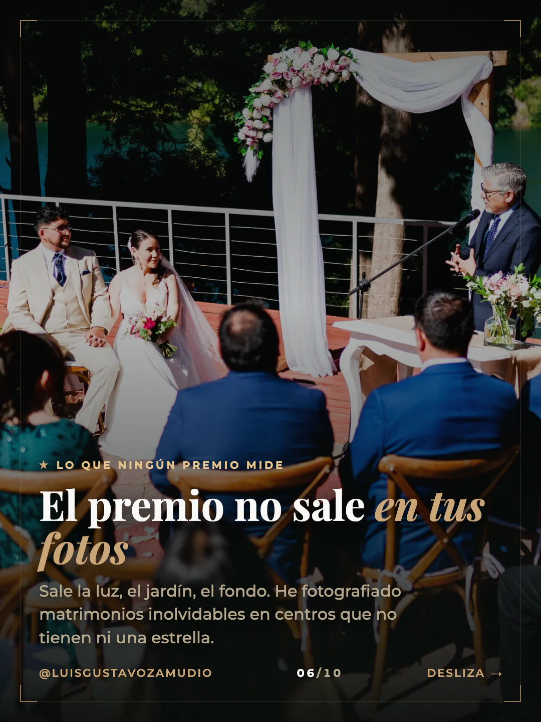 Ceremonia junto al lago. Texto: "El premio no sale en tus fotos" Matrimonios en Concepción.