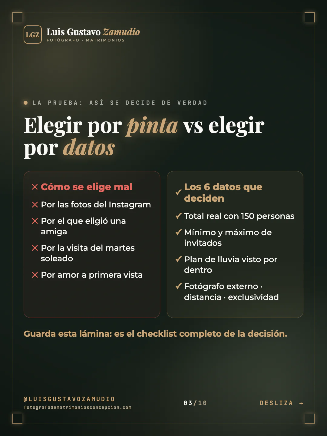 Comparación en dos columnas: "Elegir por pinta vs elegir por datos" Matrimonios en Concepción.