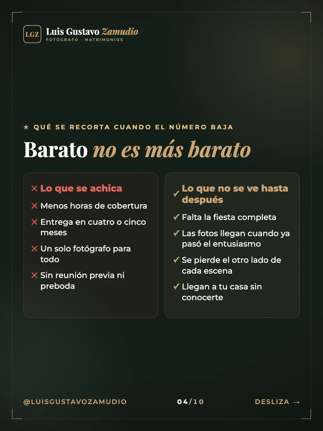 Dos columnas: "Barato no es más barato" Matrimonios en Concepción.