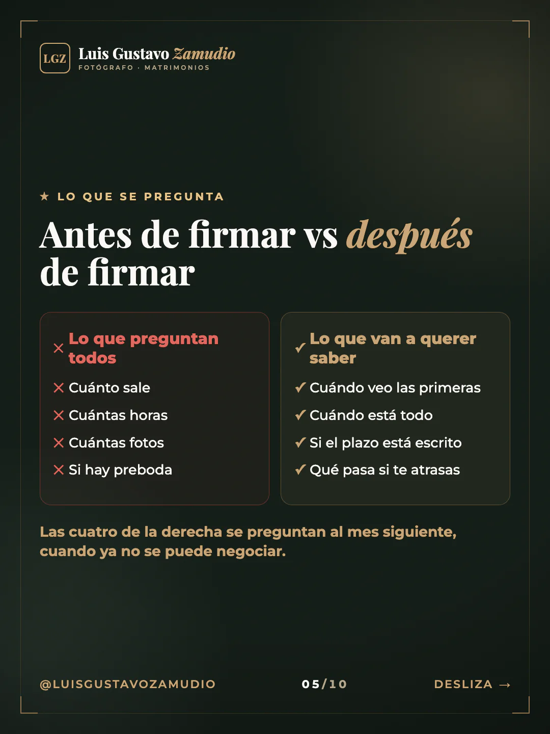 Dos columnas: "Antes de firmar vs después de firmar" Matrimonios en Concepción.