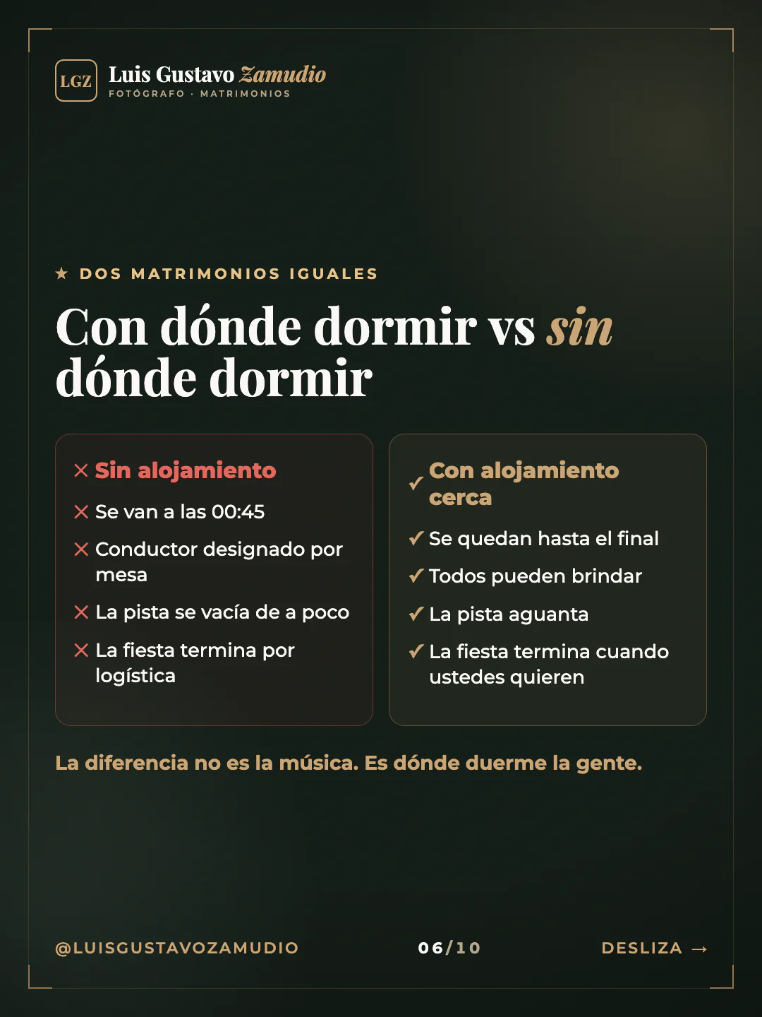 Dos columnas: "Con dónde dormir vs sin dónde dormir" Matrimonios en Concepción.