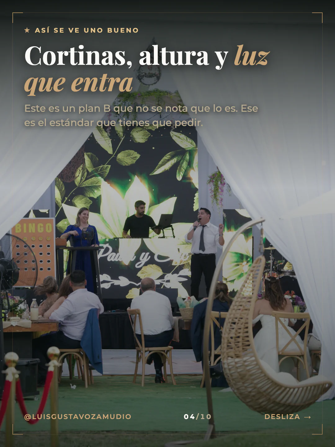 Salón de eventos montado. Texto: "Cortinas, altura y luz que entra" Matrimonios en Concepción.