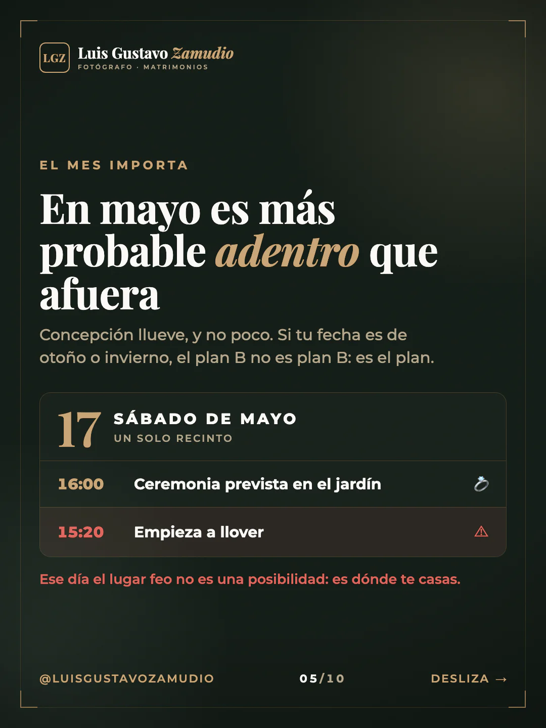 Agenda del día: "En mayo es más probable adentro que afuera" Matrimonios en Concepción.