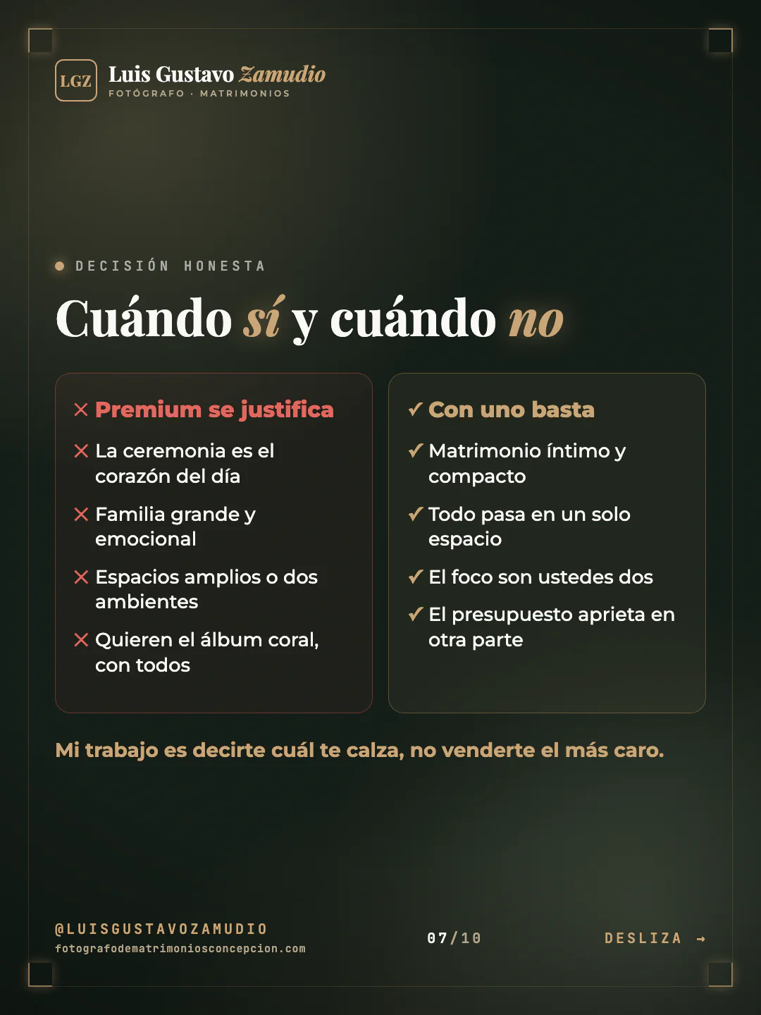 Comparación en dos columnas: "Cuándo sí y cuándo no" Matrimonios en Concepción.