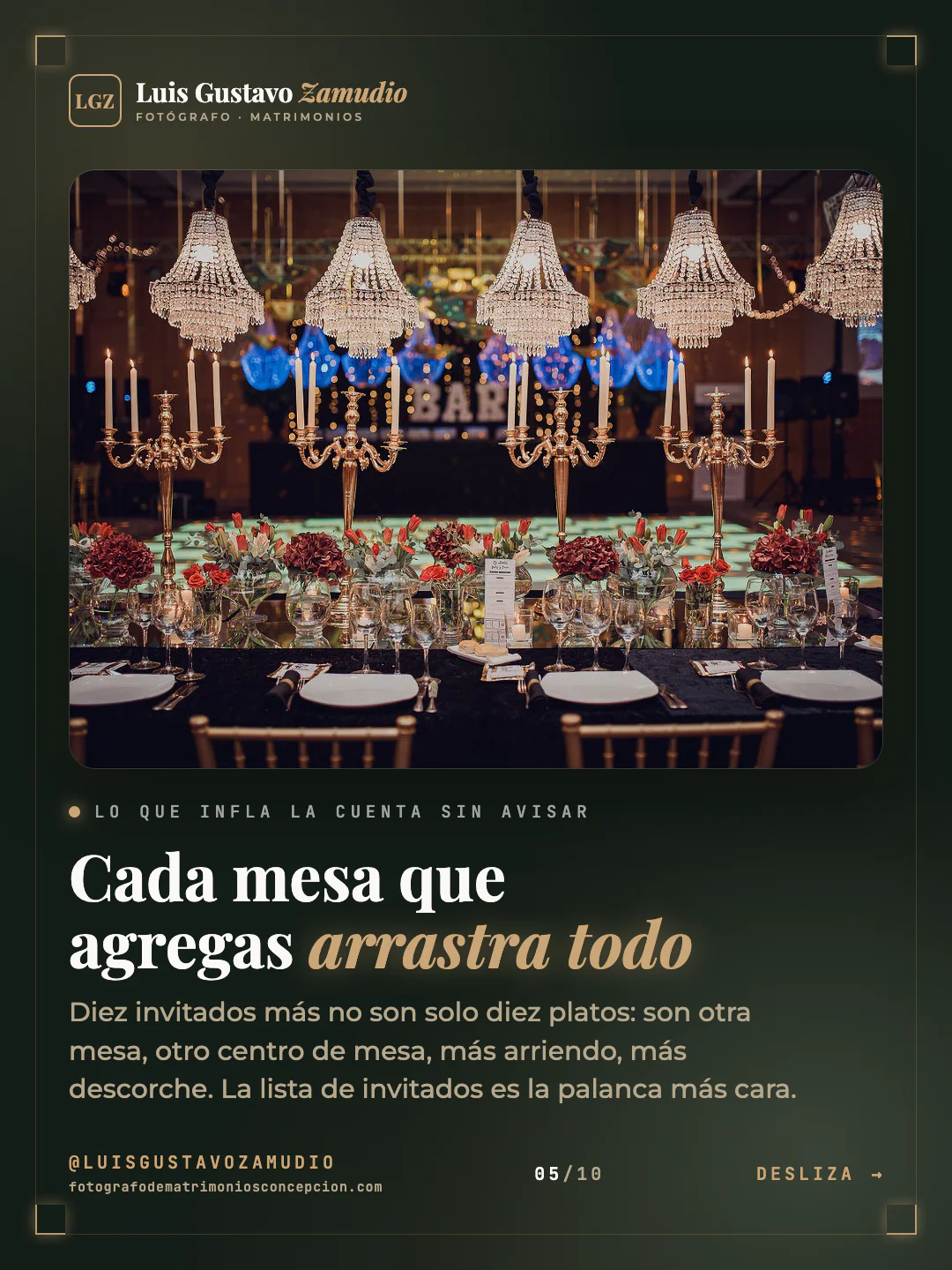 Mesa larga montada con candelabros y flores. Texto: "Cada mesa que agregas arrastra todo" Matrimonios en Concepción.