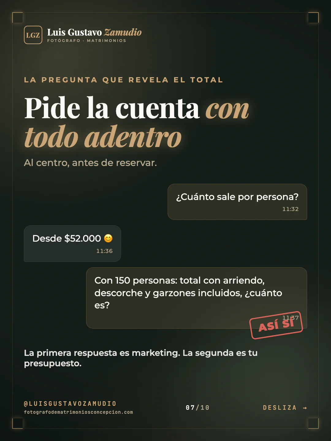 Conversación de WhatsApp: "Pide la cuenta con todo adentro" Matrimonios en Concepción.