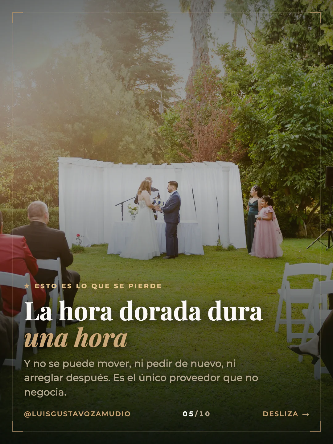 Ceremonia al atardecer. Texto: "La hora dorada dura una hora" Matrimonios en Concepción.