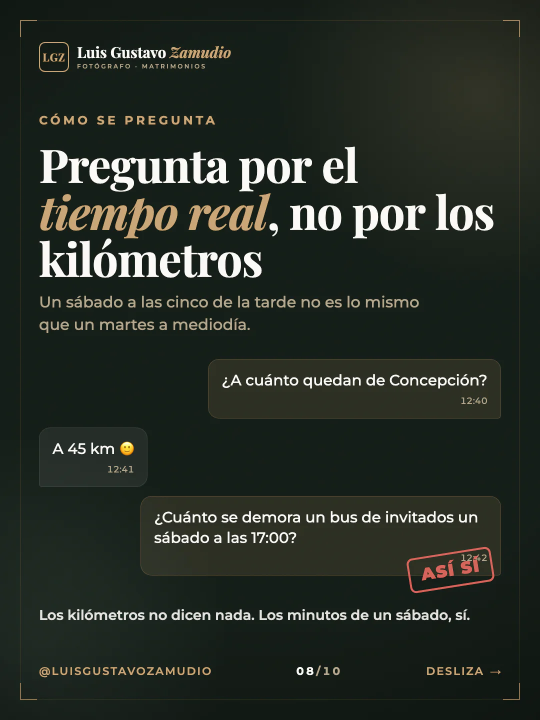 Chat de WhatsApp: "Pregunta por el tiempo real, no por los kilómetros" Matrimonios en Concepción.