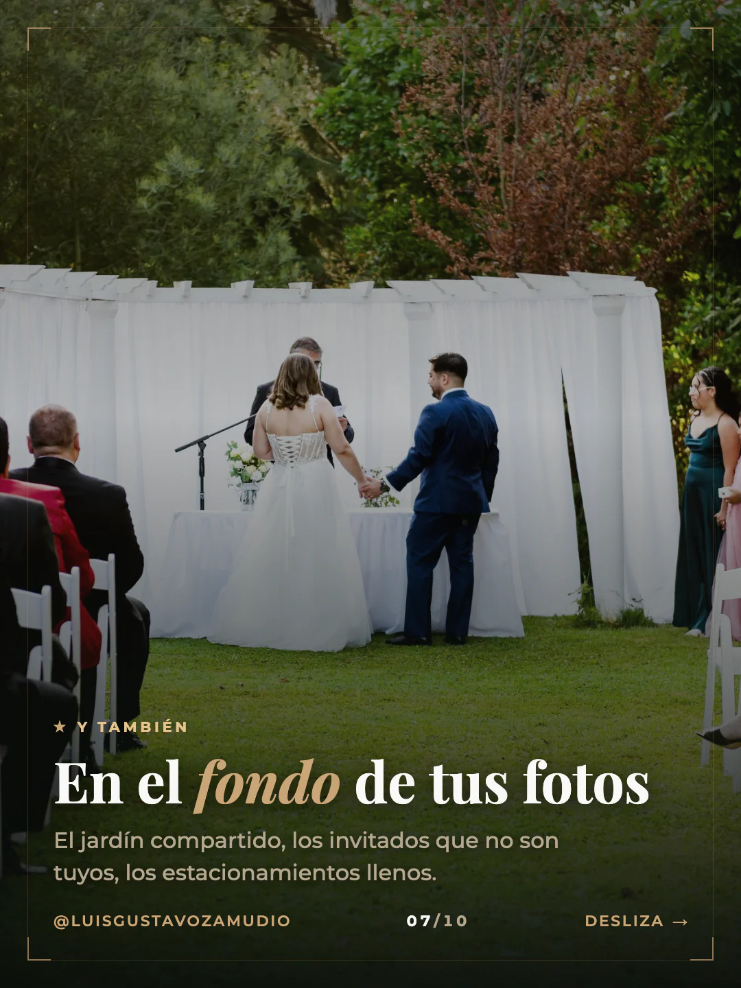 Ceremonia en el jardín. Texto: "En el fondo de tus fotos" Matrimonios en Concepción.