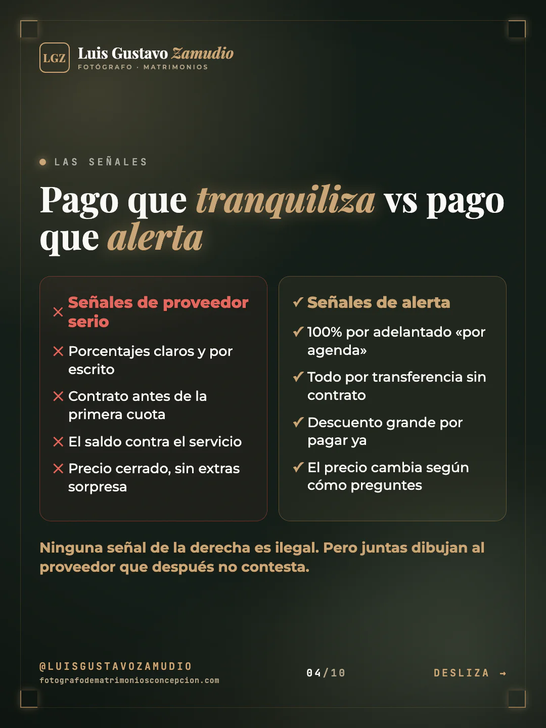 Comparación en dos columnas: "Pago que tranquiliza vs pago que alerta" Matrimonios en Concepción.