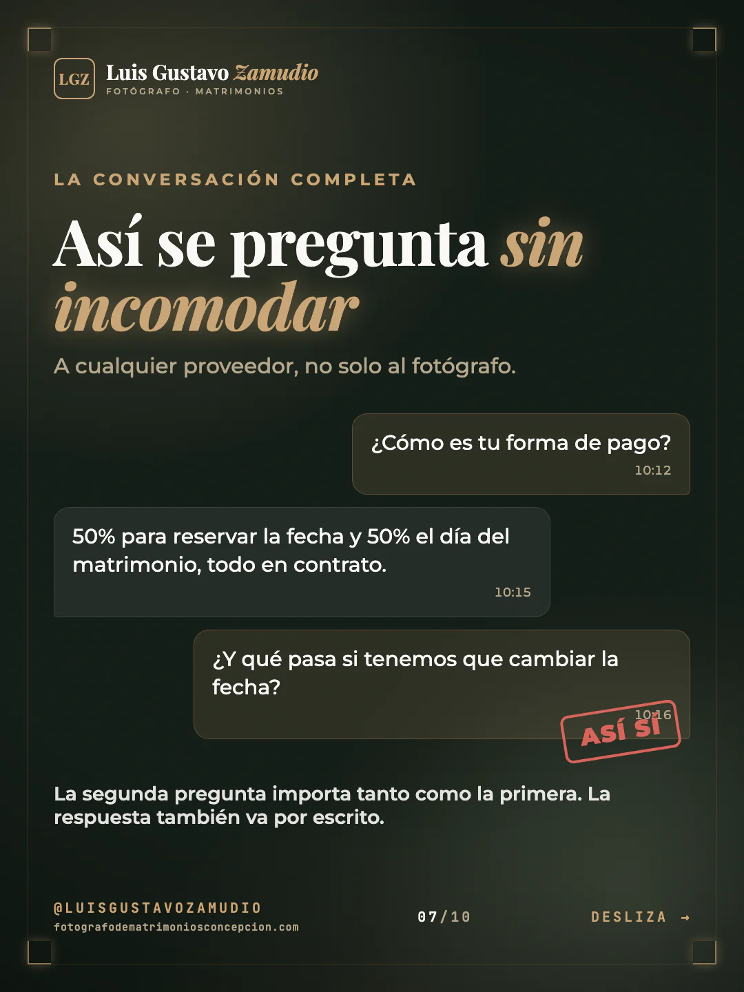 Conversación de WhatsApp: "Así se pregunta sin incomodar" Matrimonios en Concepción.