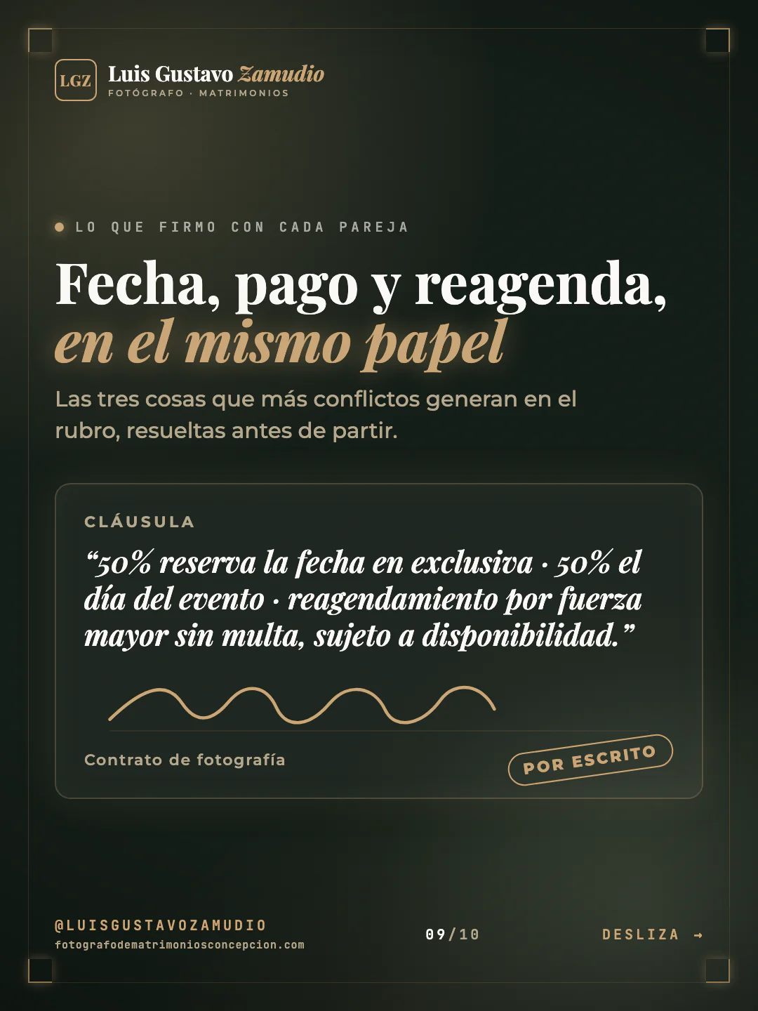 Cláusula con firma: "Fecha, pago y reagenda, en el mismo papel" Matrimonios en Concepción.