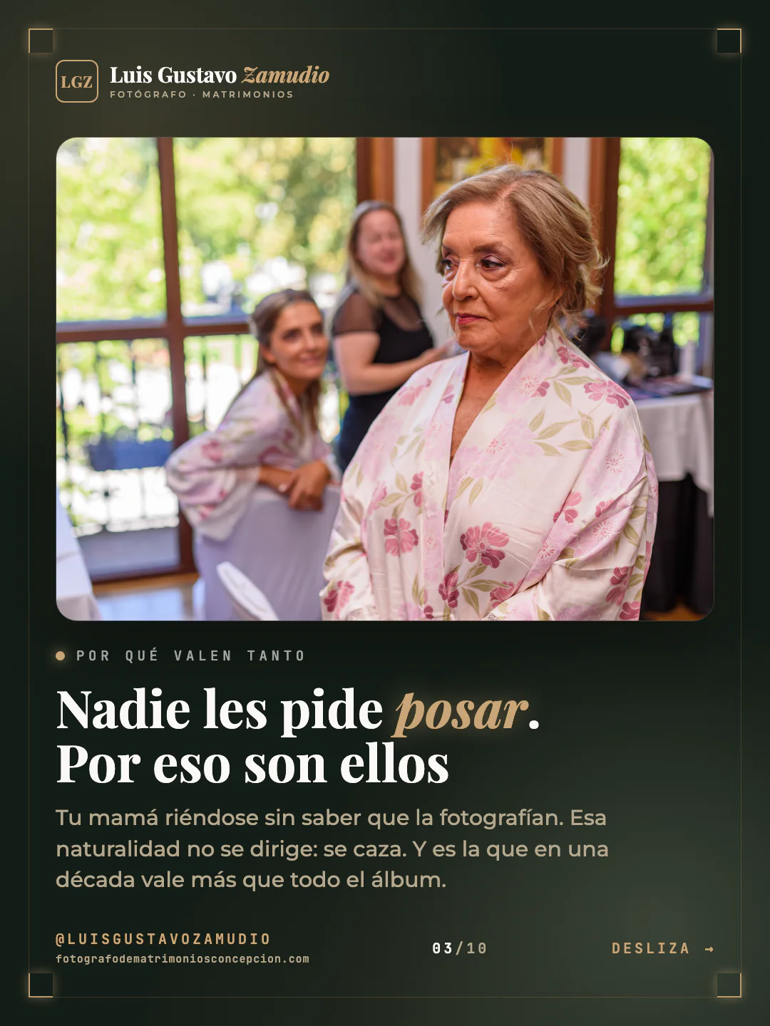 Madre esperando durante los preparativos. Texto: "Nadie les pide posar. Por eso son ellos" Matrimonios en Concepción.