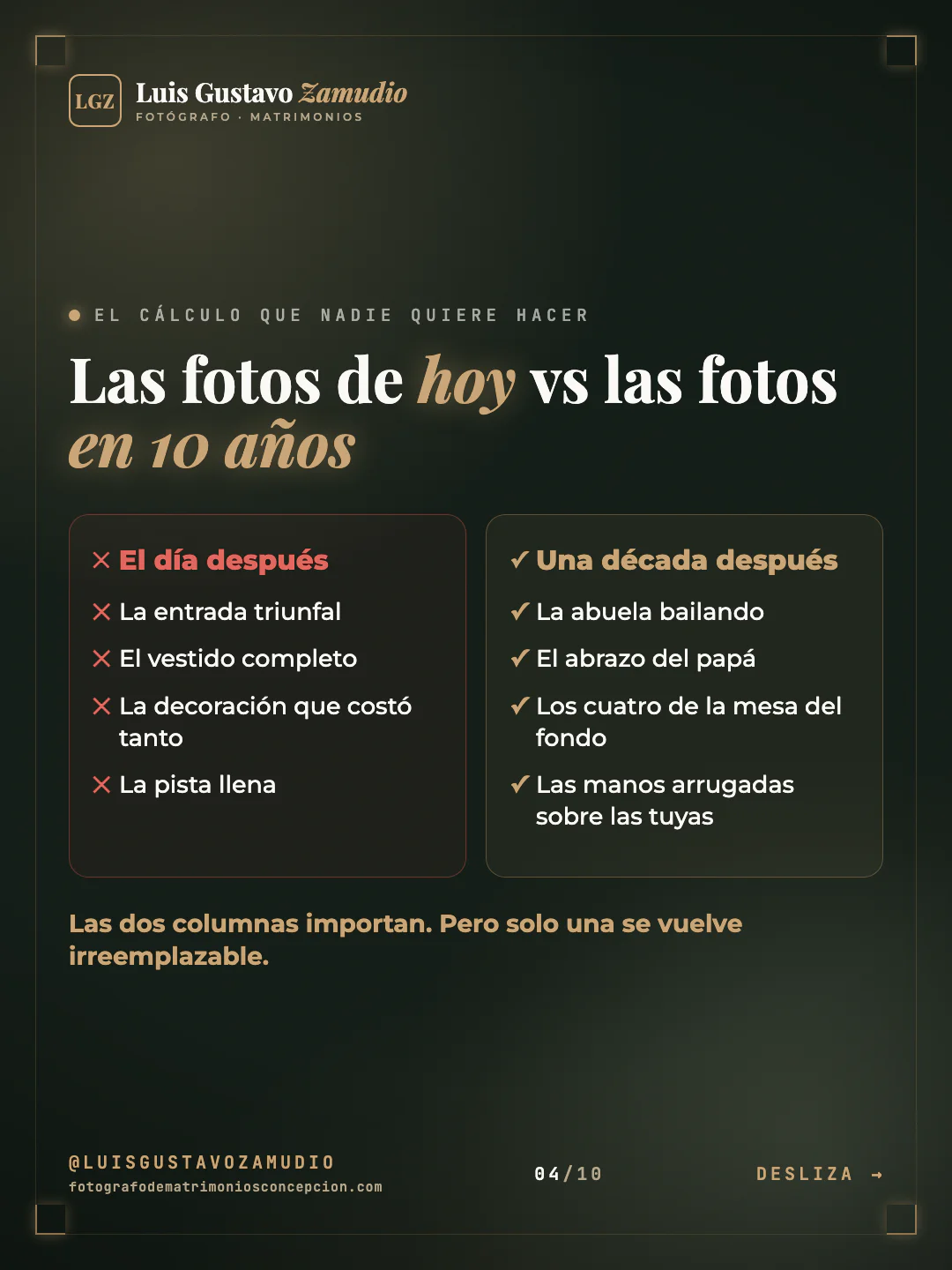 Comparación en dos columnas: "Las fotos de hoy vs las fotos en 10 años" Matrimonios en Concepción.