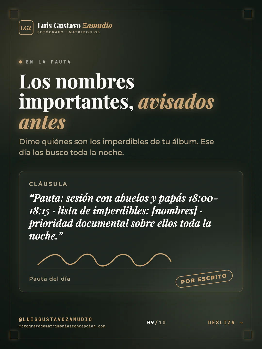 Cláusula con firma: "Los nombres importantes, avisados antes" Matrimonios en Concepción.