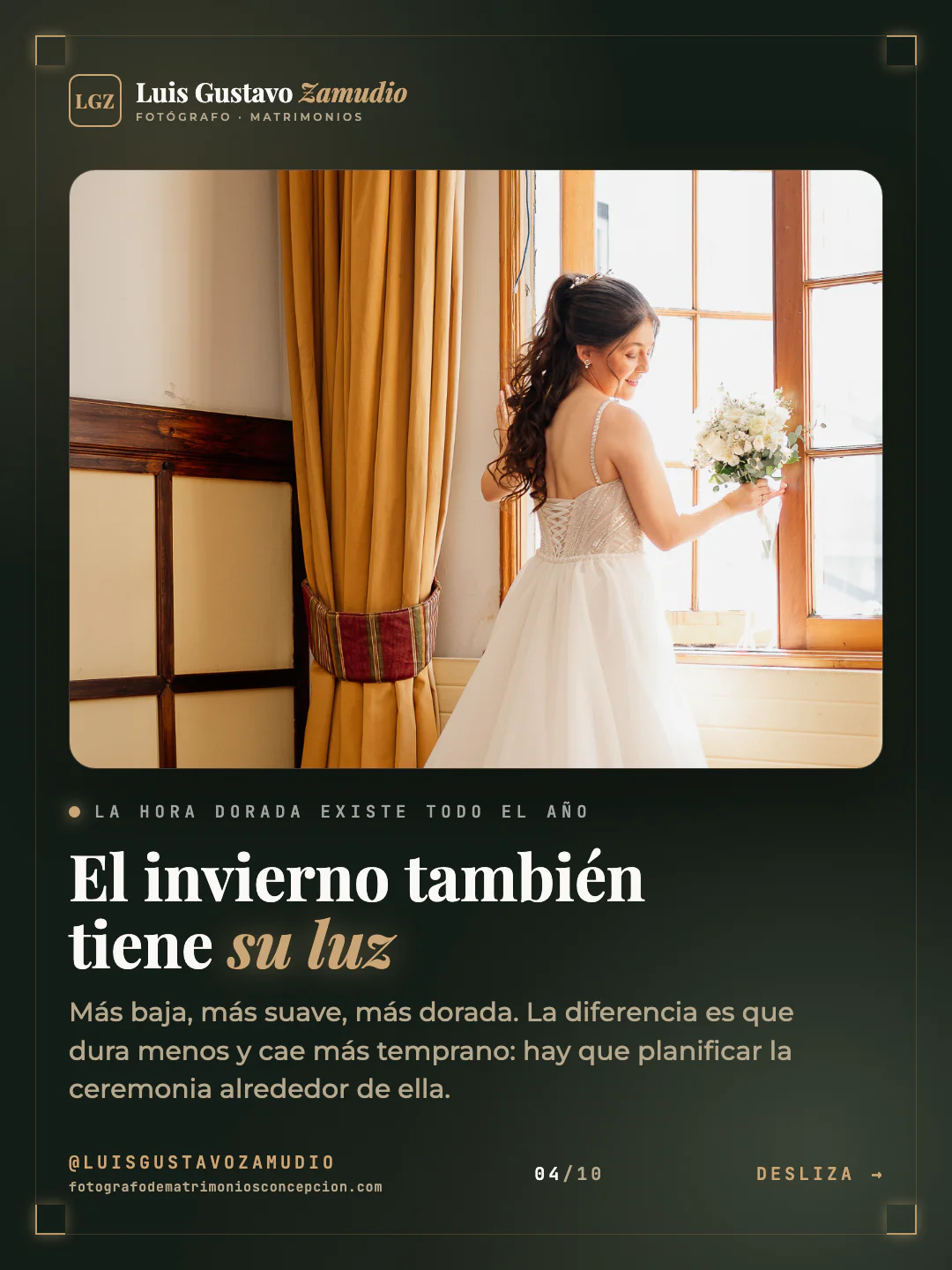 Novia junto a la ventana con luz natural. Texto: "El invierno también tiene su luz" Matrimonios en Concepción.