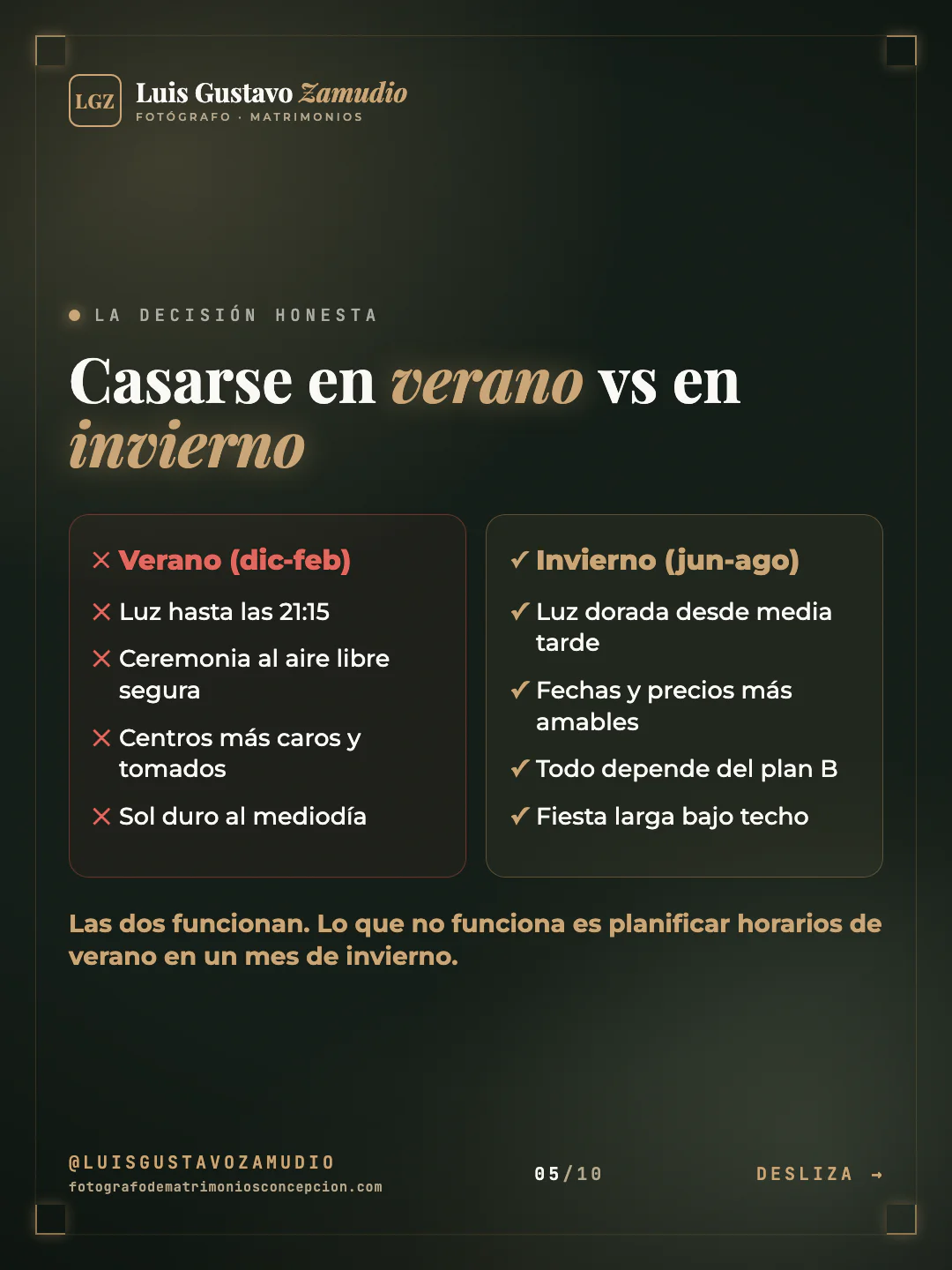 Comparación en dos columnas: "Casarse en verano vs en invierno" Matrimonios en Concepción.