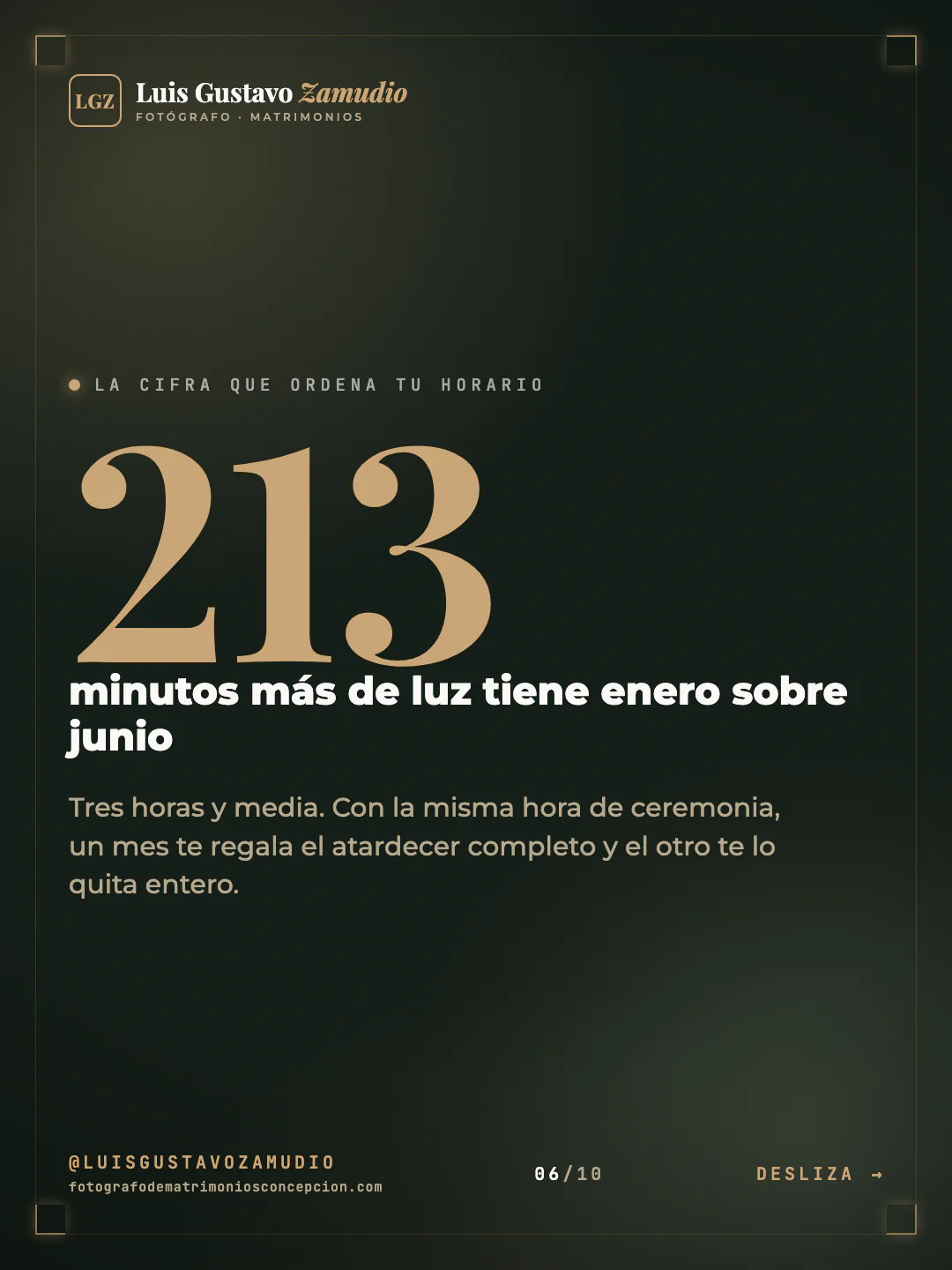 Cifra destacada: "minutos más de luz tiene enero sobre junio" Matrimonios en Concepción.