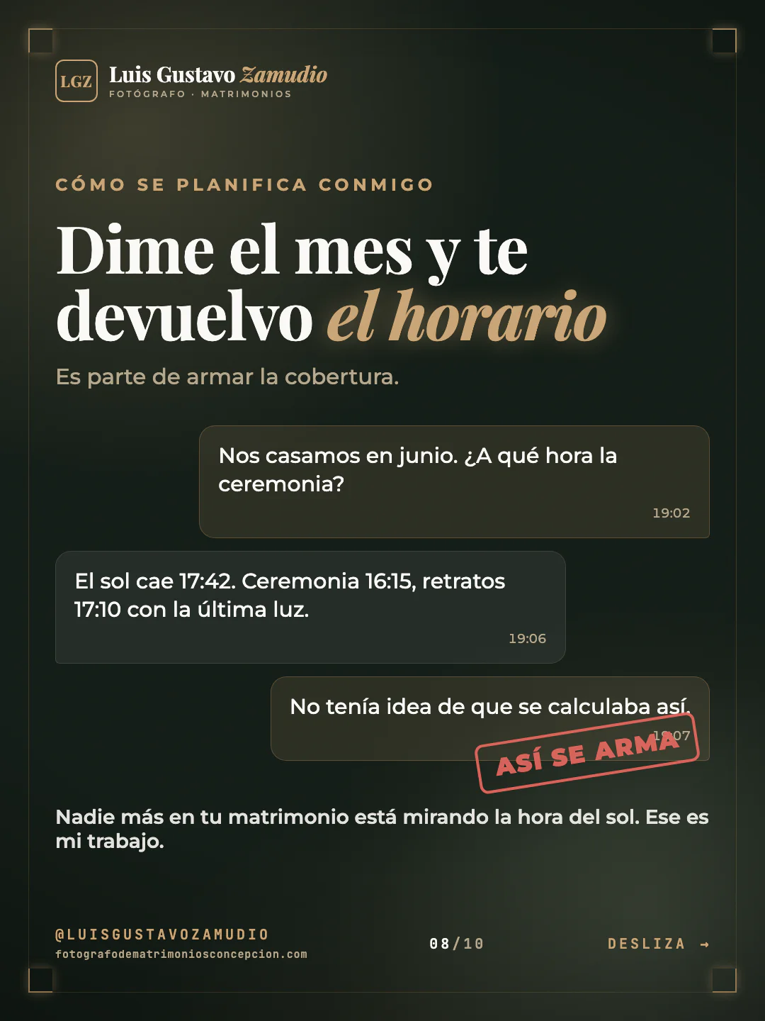 Conversación de WhatsApp: "Dime el mes y te devuelvo el horario" Matrimonios en Concepción.