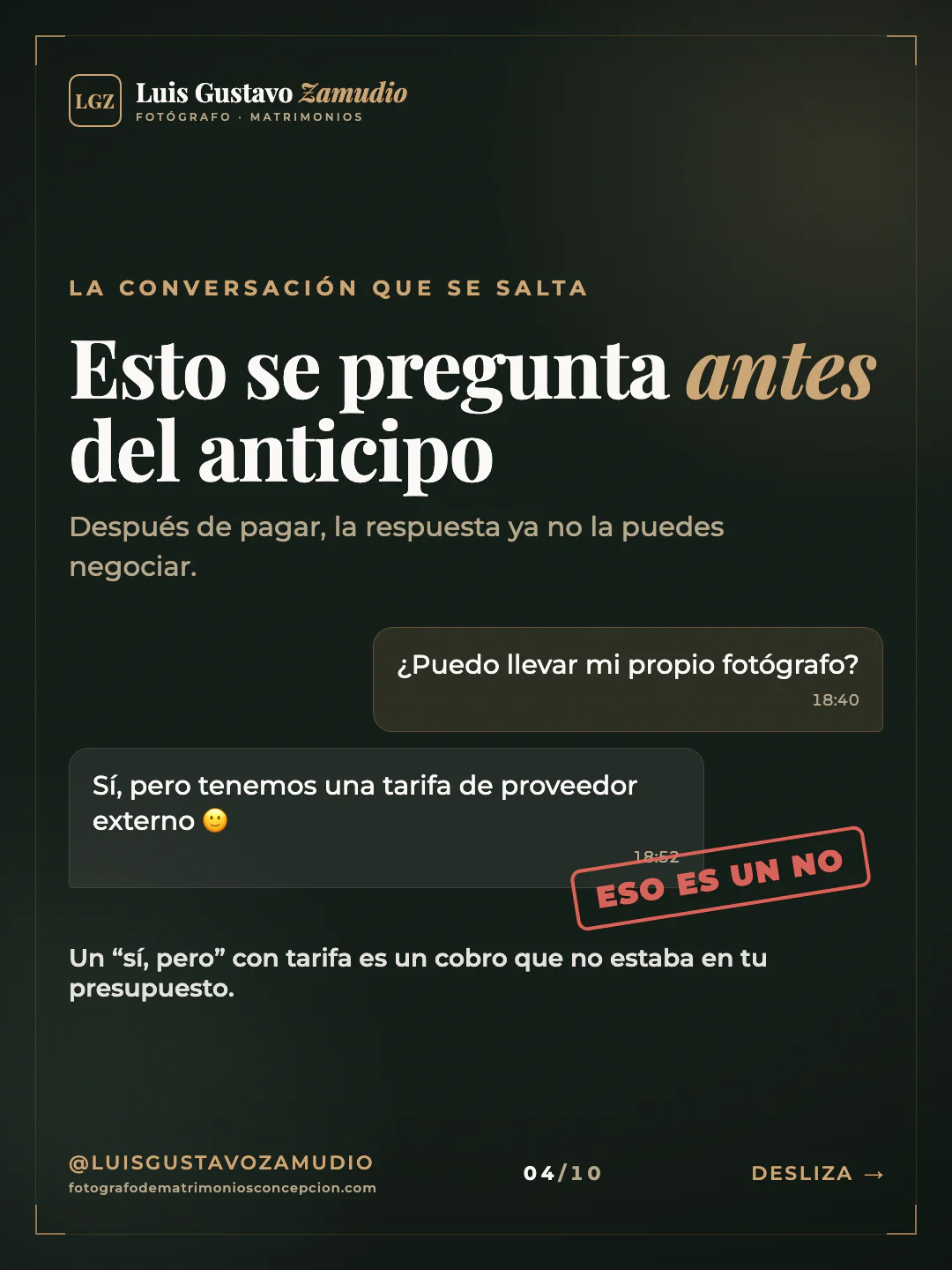 Chat de WhatsApp: "Esto se pregunta antes del anticipo" Matrimonios en Concepción.
