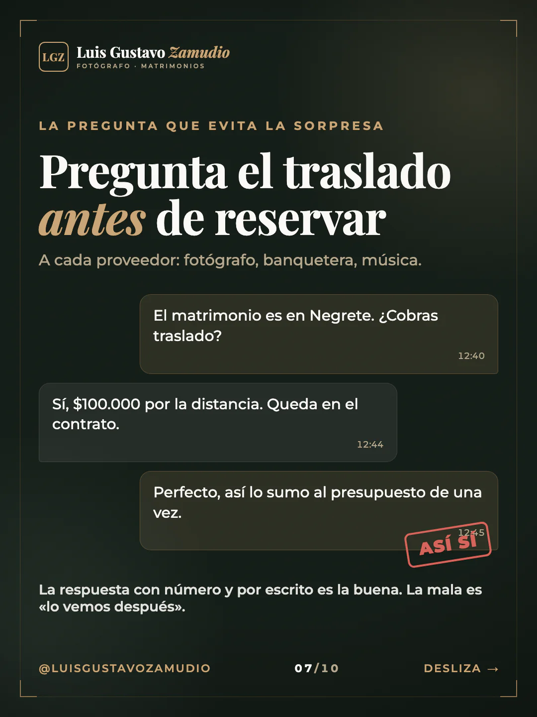 Chat de WhatsApp: "Pregunta el traslado antes de reservar" Matrimonios en Concepción.