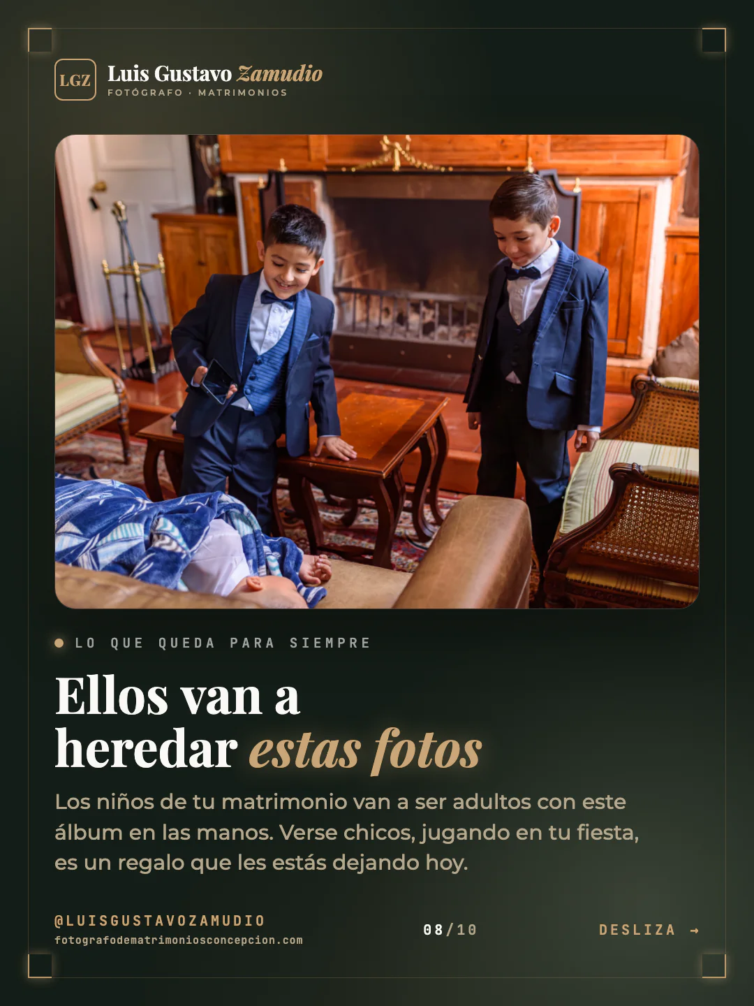 Niños de terno en el salón. Texto: "Ellos van a heredar estas fotos" Matrimonios en Concepción.
