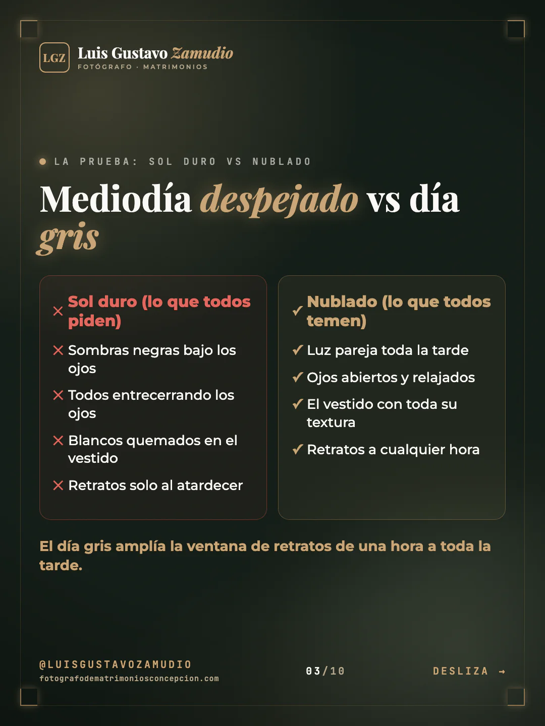 Comparación en dos columnas: "Mediodía despejado vs día gris" Matrimonios en Concepción.