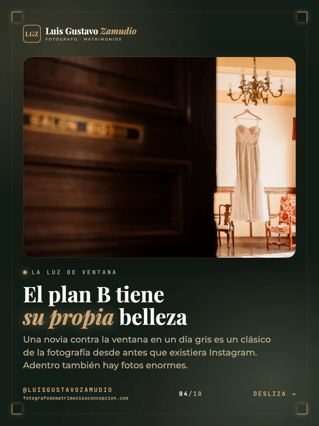 Vestido de novia reflejado en una puerta oscura. Texto: "El plan B tiene su propia belleza" Matrimonios en Concepción.