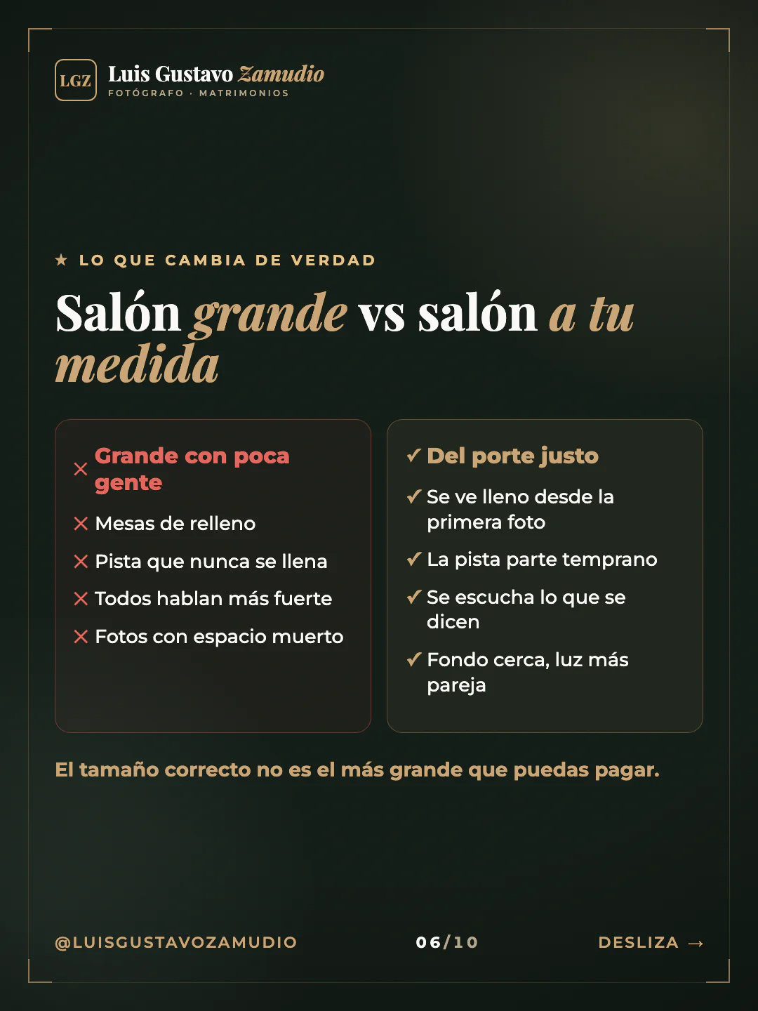 Dos columnas: "Salón grande vs salón a tu medida" Matrimonios en Concepción.