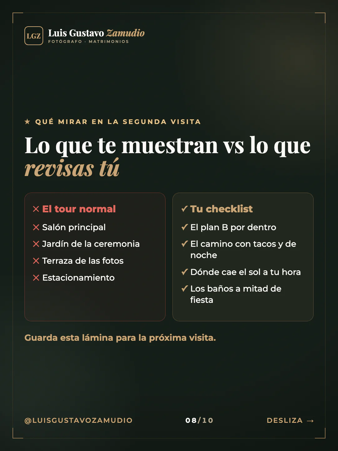 Dos columnas: "Lo que te muestran vs lo que revisas tú" Matrimonios en Concepción.