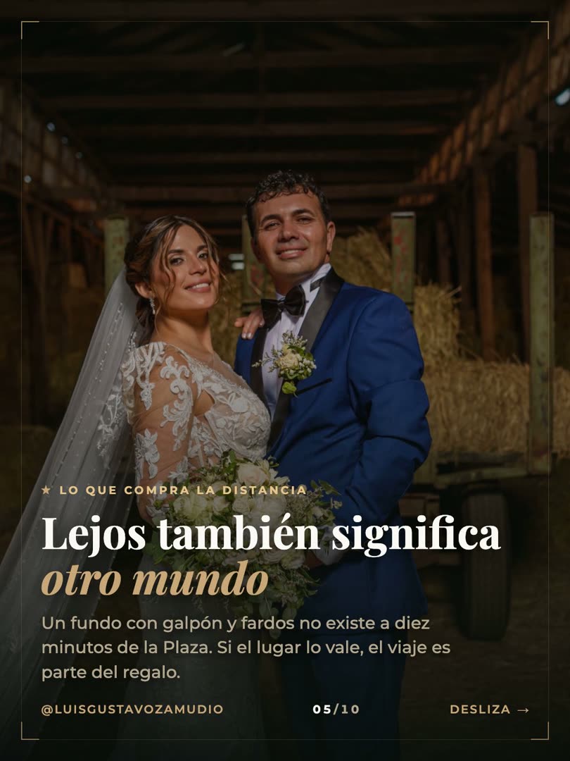 Novios en un galpón de campo: lejos también significa otro mundo de fotos