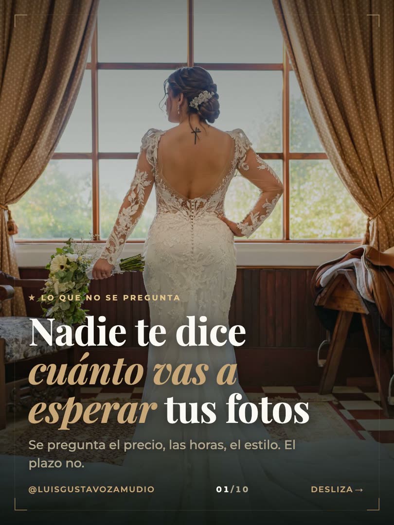 Portada del carrusel: nadie te dice cuánto vas a esperar tus fotos. Novia junto a una ventana