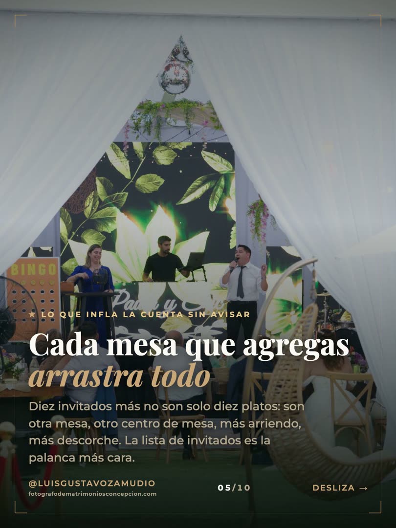 Salón de eventos montado en Concepción: cada mesa que agregas arrastra todo el presupuesto