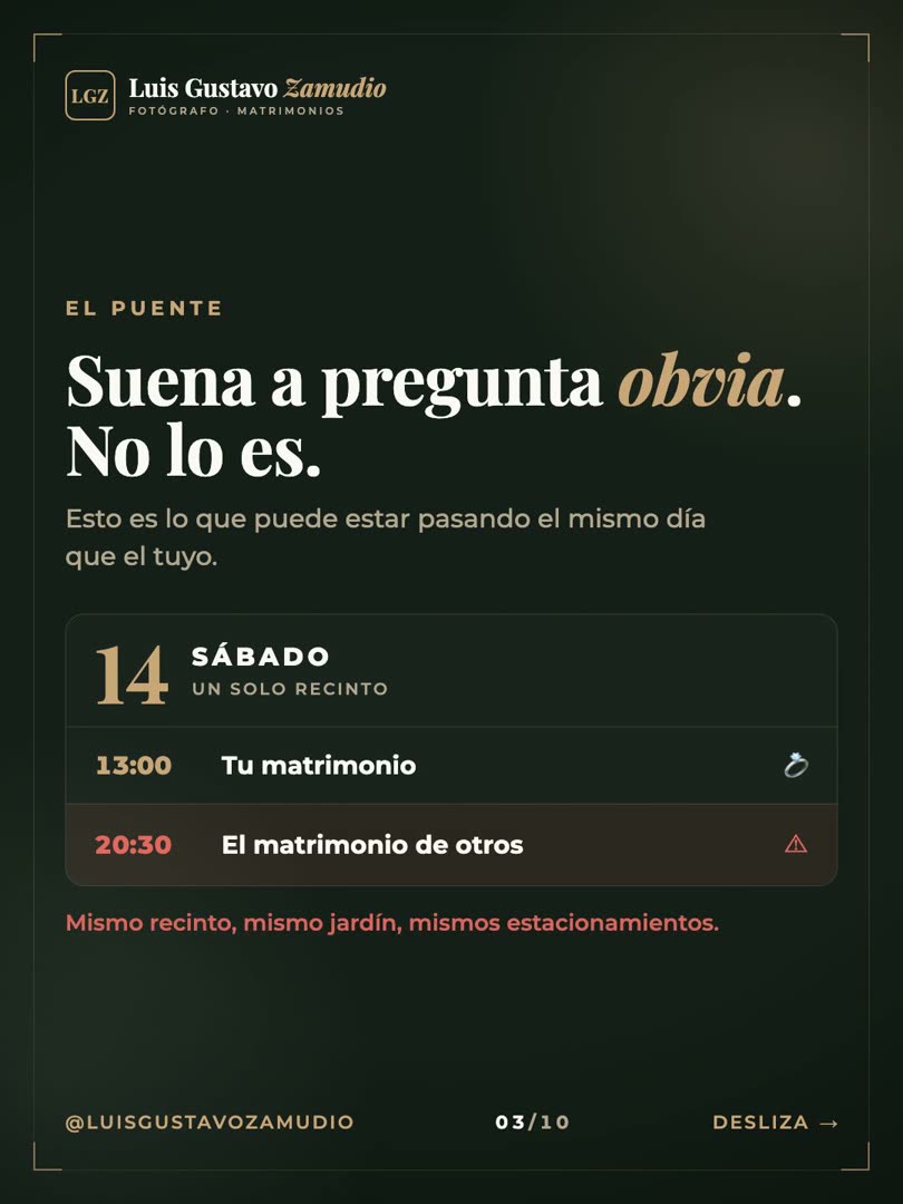 Agenda del día: tu matrimonio a las 13:00 y el matrimonio de otros a las 20:30 en el mismo centro de eventos
